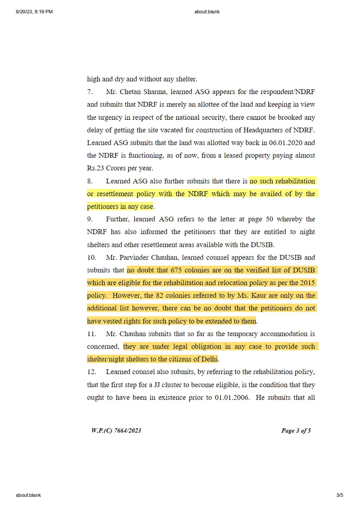 Excerpts from Delhi HC court order hihglighting the NDRF's withdrawal of responsibility concerning resettlement