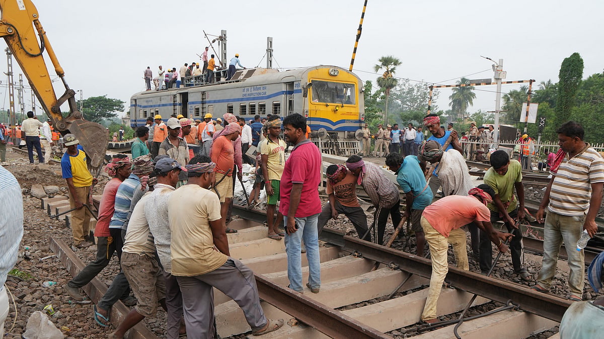 Restoration operation underway at the site of the train crash in Odisha's Balasore on Sunday, June 4. (Photo Courtesy: PTI)
