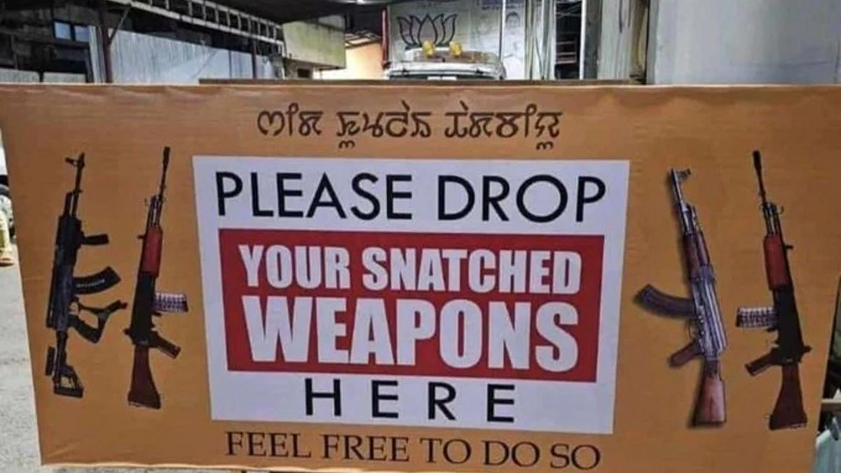A box with the text 'Please drop your snatched weapons here' (photo courtesy: @ashoswai/Twitter)