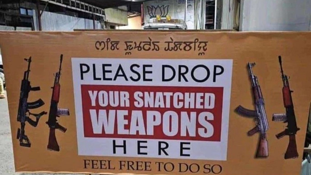 A box with the text 'Please drop your snatched weapons here' (photo courtesy: @ashoswai/Twitter)