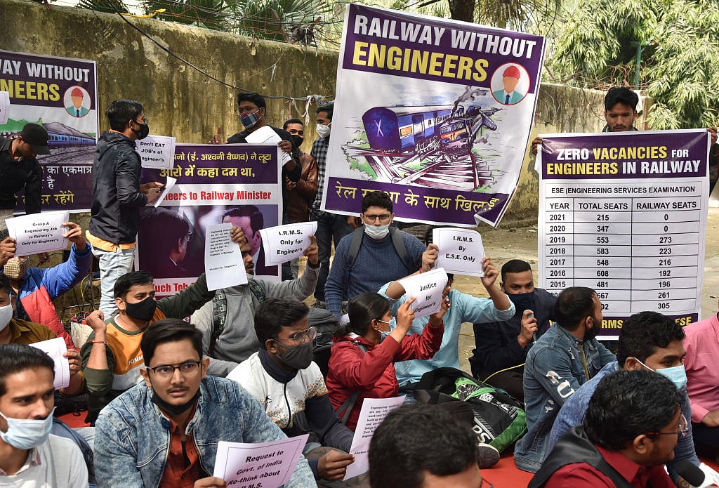 Engineers staging a protest demanding jobs in Indian Railways, at Jantar Mantar in New Delhi, 23 February 2022 (photo: Getty Images) 