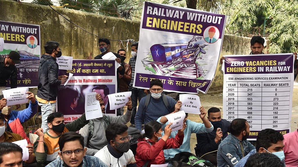 Engineers staging a protest demanding jobs in Indian Railways, at Jantar Mantar in New Delhi, 23 February 2022 (photo: Getty Images) 