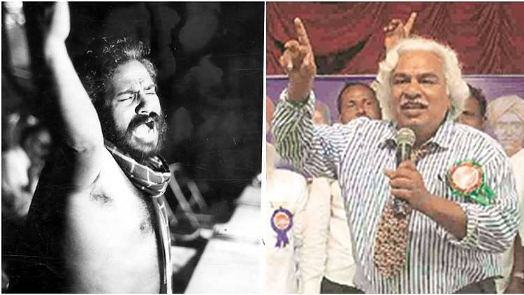 Gaddar aka Gummadi Vithal Rao both in left and right photo. (photo courtesy: The Indian Express)