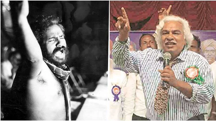 Gaddar aka Gummadi Vithal Rao both in left and right photo. (photo courtesy: The Indian Express)