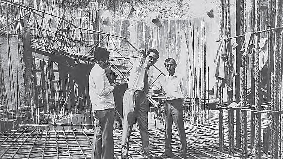 Chandrakant Patel (extreme right), with team members on the construction site of the Bombay Stock Exchange, 1969. (Photos: 4th Dimension Architecture, Chandrakant Patel)
