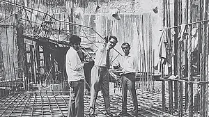 Chandrakant Patel (extreme right), with team members on the construction site of the Bombay Stock Exchange, 1969. (Photos: 4th Dimension Architecture, Chandrakant Patel)