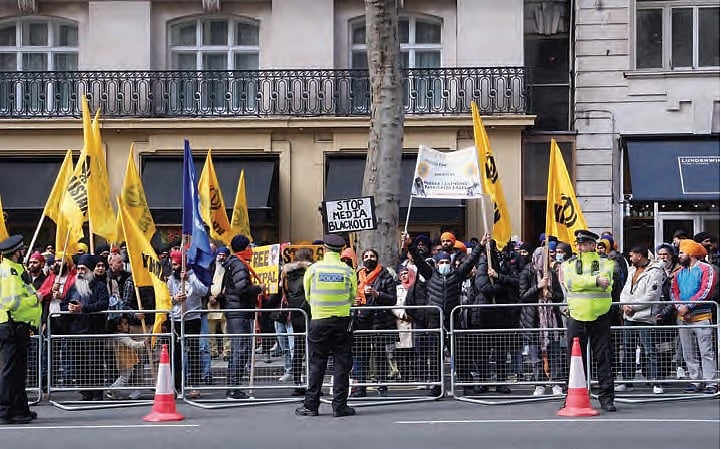 A protest by Sikhs outside the Indian High Commission in London, March 2023