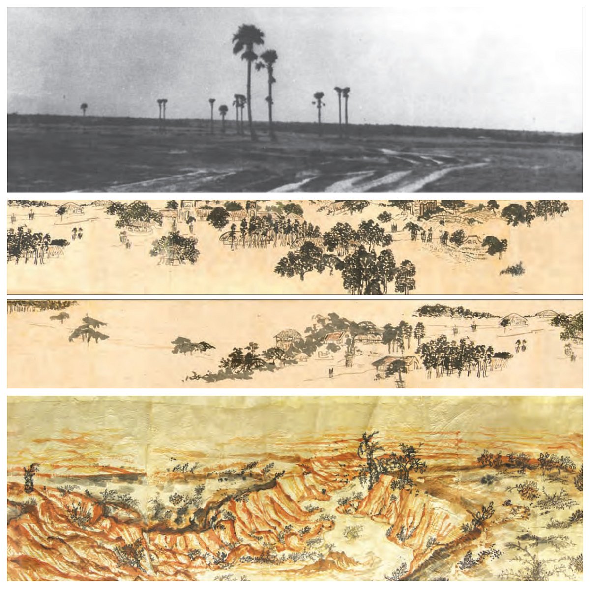 1. Early Santiniketan landscape, courtesy: Rabindra Bhavana, Santiniketan 2 & 3. Segments from Scenes from Santiniketan by Benodebehari 
Mukherjee, Ink and watercolour on paper, courtesy: Gallery Rasa, Kolkata & Mrinalini Mukherjee Foundation 4. Detail from Khoai
scroll by Benodebehari Mukherjee, Tempera on Nepalese Lokta paper, courtesy: Mrinalini Mukherjee Foundation