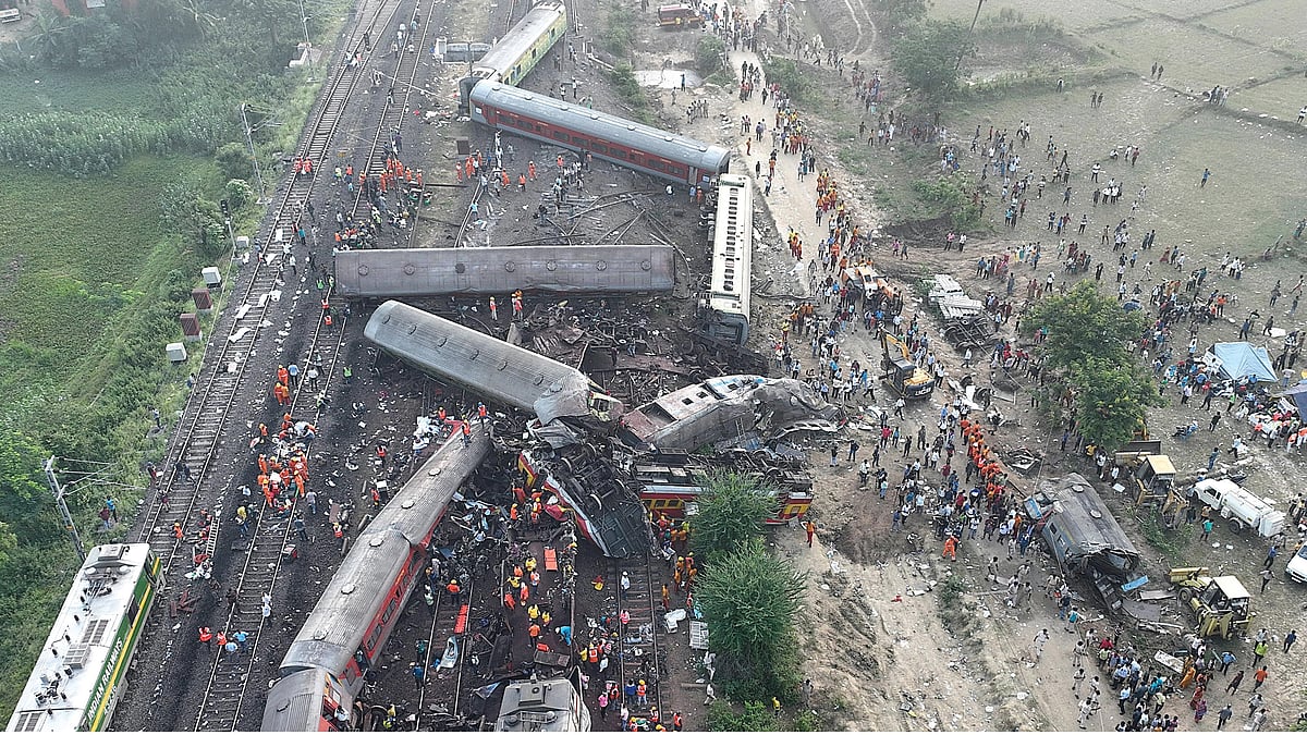 An aerial view of the accident site at Bahanaga Bazar railway station in Odisha’s Balasore district, where three trains collided in a three-way crash on 2 June (Photo: Getty Images)
