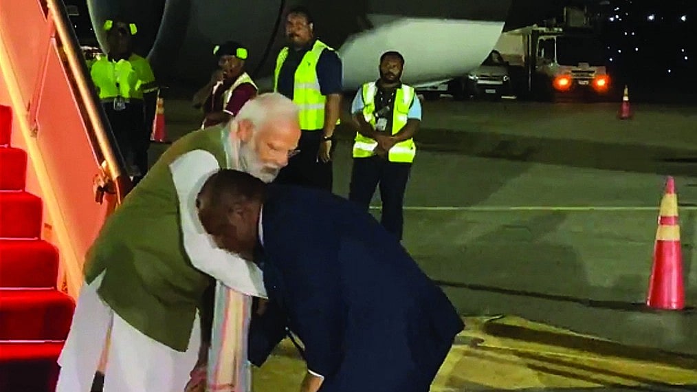 An epic moment: PM Modi greeted by PM Marape with a ‘pranam’ on arrival in Papua New Guinea (Photo: YouTube)