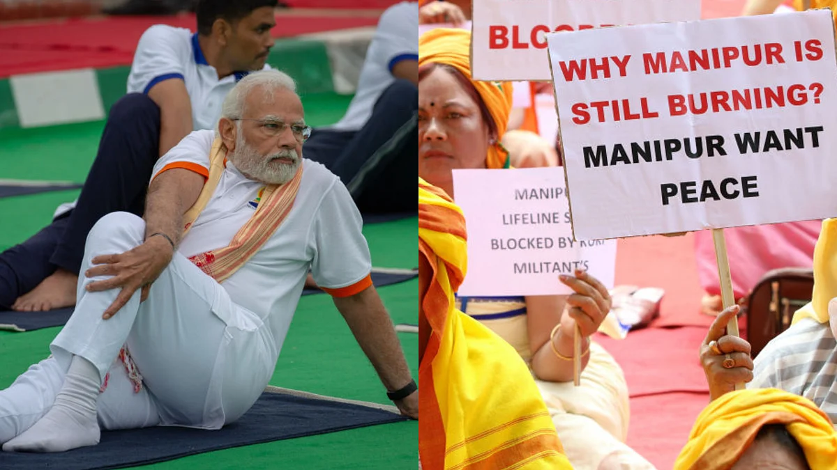 PM Narendra Modi performing yoga at Mysore Palace during the International Day of Yoga celebrations in 2022; Women from Manipur protested over ongoing violence in the state at Jantar Mantar on June 19. (photos: Getty Images)