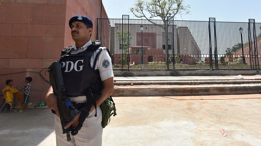 Back gate of New Parliament Building in Delhi (photos: Getty Images)