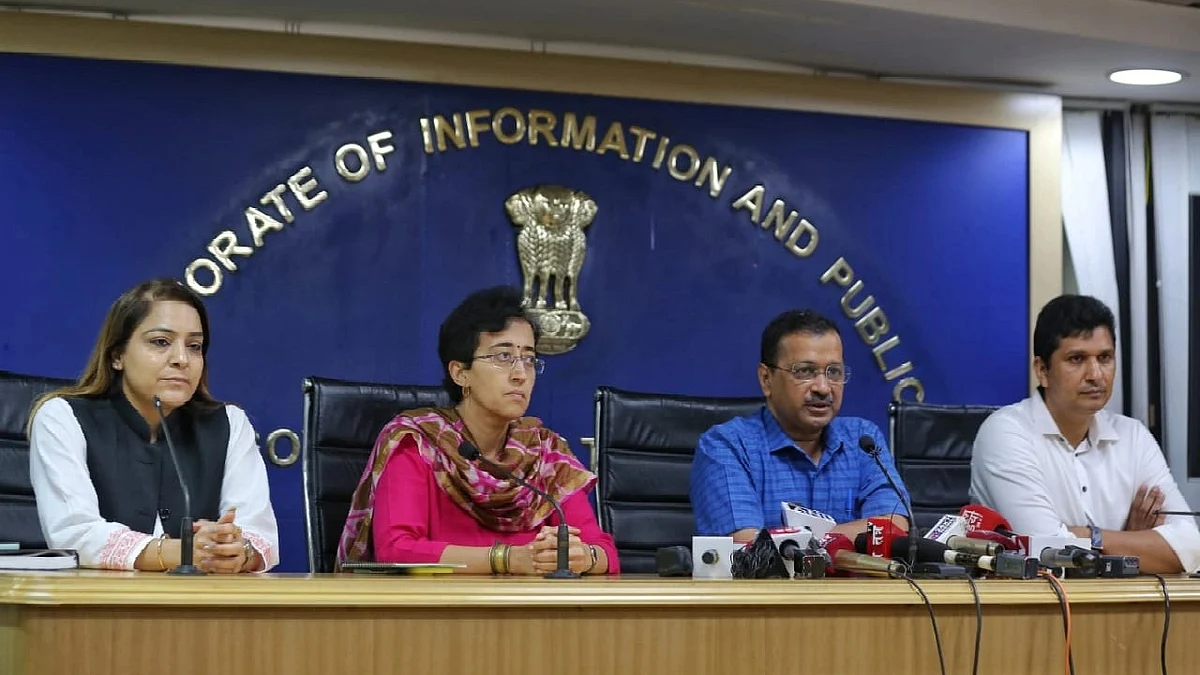 Delhi CM Arvind Kejriwal along with education minister Atishi Marlena, health minister Saurabh Bharadwaj and mayor Shelly Oberoi addressed a press conference in New Delhi on Monday, July 10. (NH Photo by Vipin)