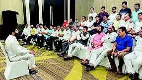 Eknath Shinde with a group of Shiv Sena MLAs at a 5-star hotel in Guwahati after Shinde effected a split in Shiv Sena, June 2022