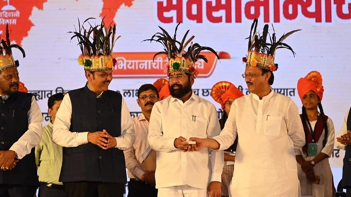 Maharshtra chief minister Eknath Shinde with Dy CMs Devendra Fadnavis and Ajit Pawar in Gadchiroli on Saturday (July 8) (Photo courtesy: @CMOMaharashtra/ Twitter)