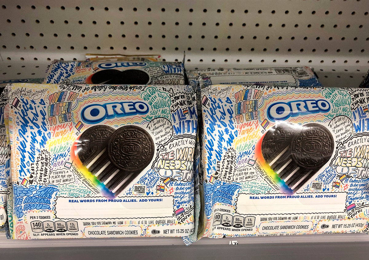 Pride Month branded packaging for Oreo Cookies, Walgreens, Queens, New York. Oreo has been criticised for exploiting Pride for profit in the past. As per a Washington Post report, Oreo's 'allyship' ads "are a tactic that come with a big payoff".
