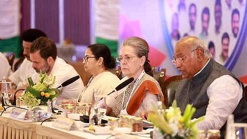 File photo of an INDIA bloc meeting with (from left) Rahul Gandhi, Mamata Banerjee, Sonia Gandhi and Mallikarjun Kharge (photo: IANS)