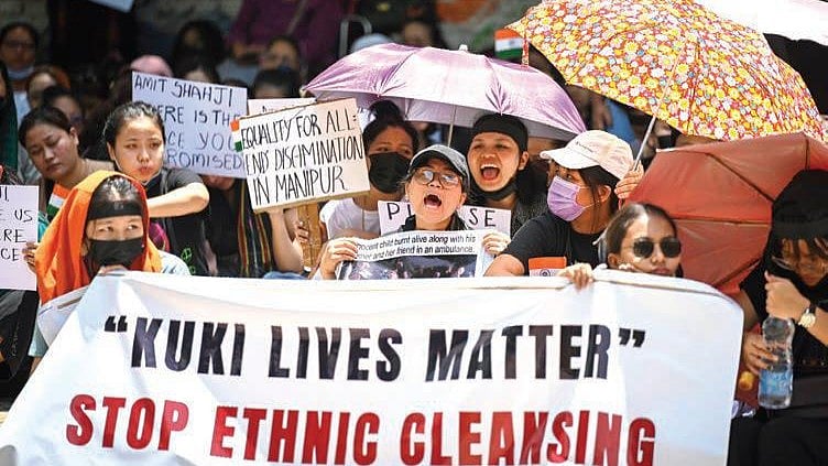 Kuki women protest
in New Delhi against the raging violence in Manipur (Getty Images)