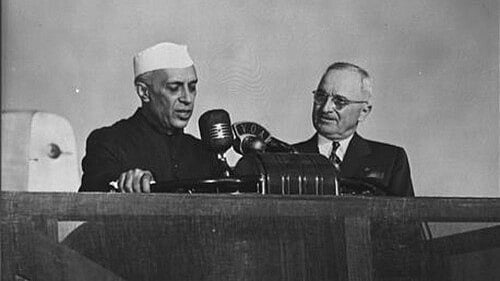 PM Jawaharlal Nehru replies to President Truman’s words of welcome on his arrival in the US, October 1949. (Photo courtesy: Truman Library Institute)
