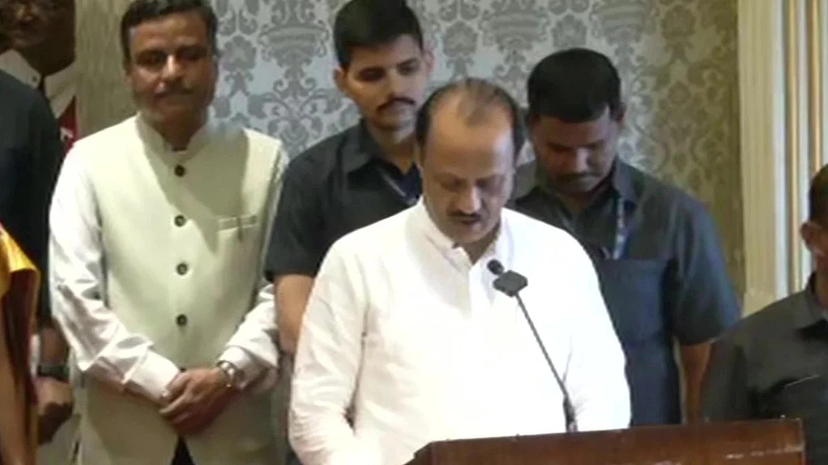 Ajit Pawar takes oath as deputy chief minister of Maharashtra (photo: IANS)