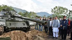 Uttarakhand chief minister Pushkar Singh Dhami at the construction site of Sainya Dham at Purkul village, Dehradun in December 2021. (Photo courtesy: CM Office, Dehradun)