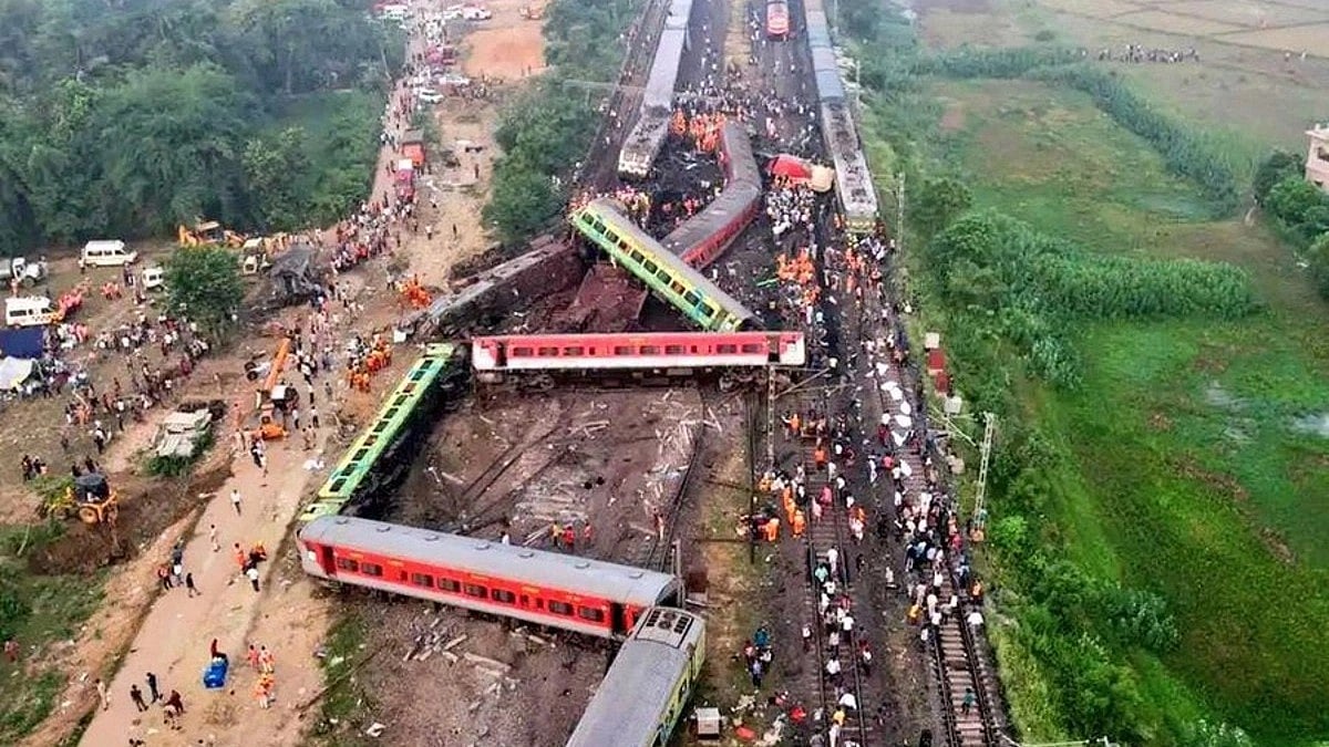 An aerial view of the accident site at Bahanaga Bazar railway station in Odisha’s Balasore district, where three trains collided in a three-way crash on 2 June (photo: Getty Images)