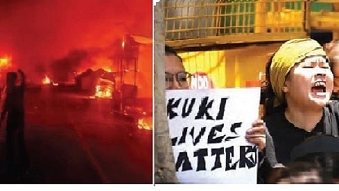 Violence in Manipur; (right) Tribal Manipuris protest in New Delhi (Photo: NH File Photo)