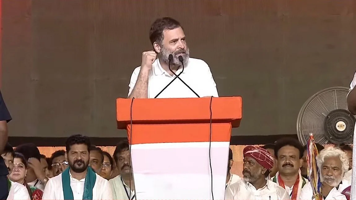 Rahul Gandhi addresses a mega rally in Khammam, Telangana on Sunday, 2 July 2023