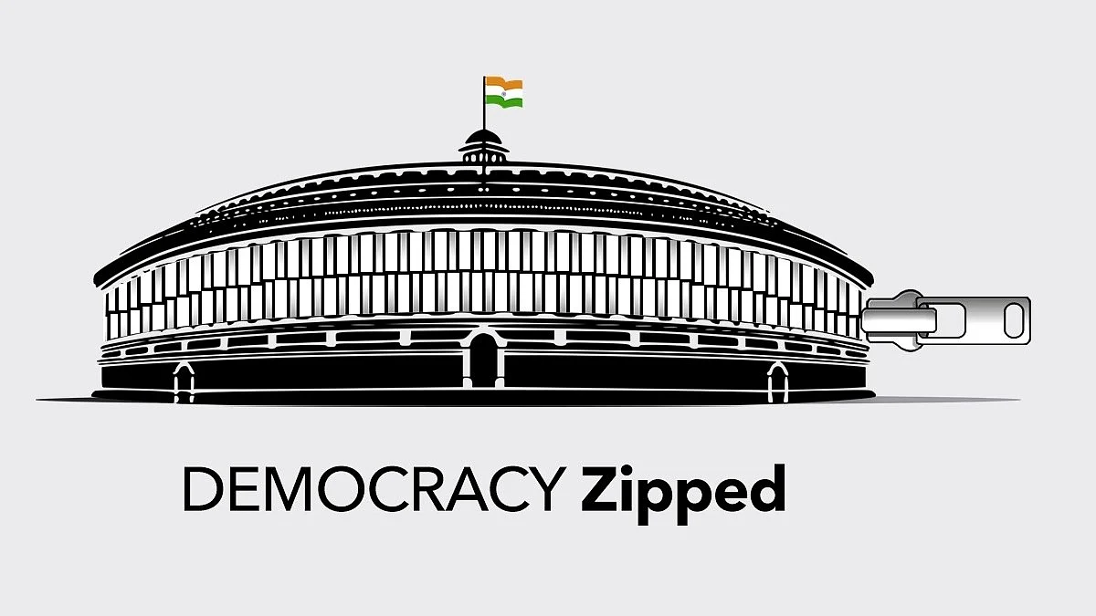 Image of a zippered Indian parliament building with the legend 'DEMOCRACY Zipped', drawn in black except the tricolour, shared by the Congress as Parliament adjourned over demands to discuss Manipur, 24 July 2023 (courtesy @INCIndia/Twitter)