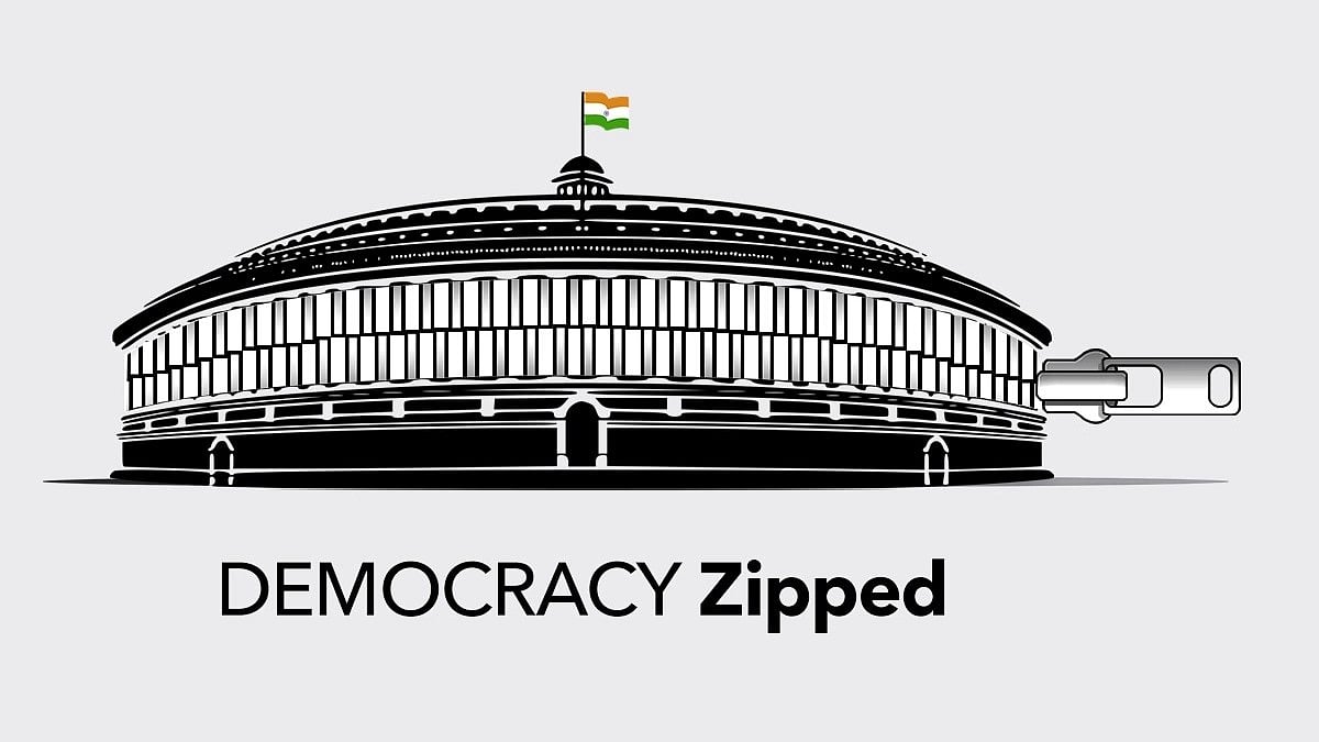 Image of a zippered Indian parliament building with the legend 'DEMOCRACY Zipped', drawn in black except the tricolour, shared by the Congress as Parliament adjourned over demands to discuss Manipur, 24 July 2023 (courtesy @INCIndia/Twitter)