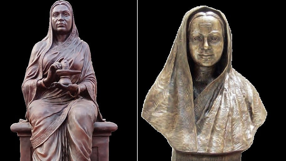 Busts of Ahilyabai Holkar (left) and Savitribai Phule 