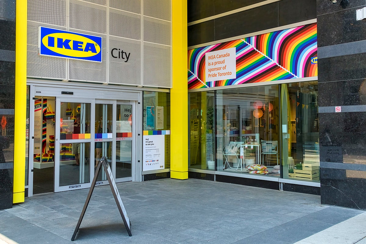 Pride rainbow banner displayed in an Ikea store in the downtown district in June, 2023. Ikea is known for including gender diversity and inclusion in its corporate policies. Notably, the furniture giants' has had several profitable pride-themed launches such as the 2021 'Love Seats' which were massively popular at the time.