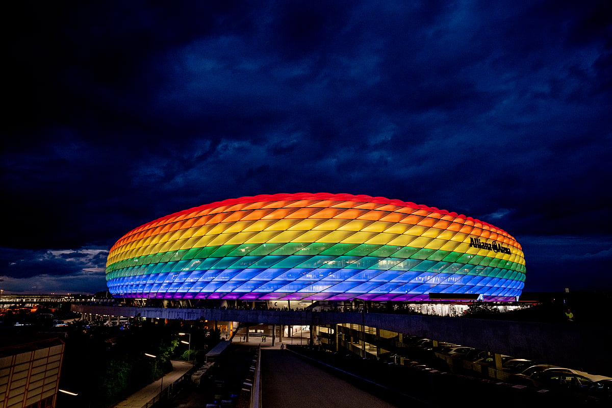 A view of Allianz Arena as it is lit up in Pride colours during the UEFA Nations League League A Group 3 match between Germany and England at Allianz Arena on June 7, 2022 in Munich, Germany.