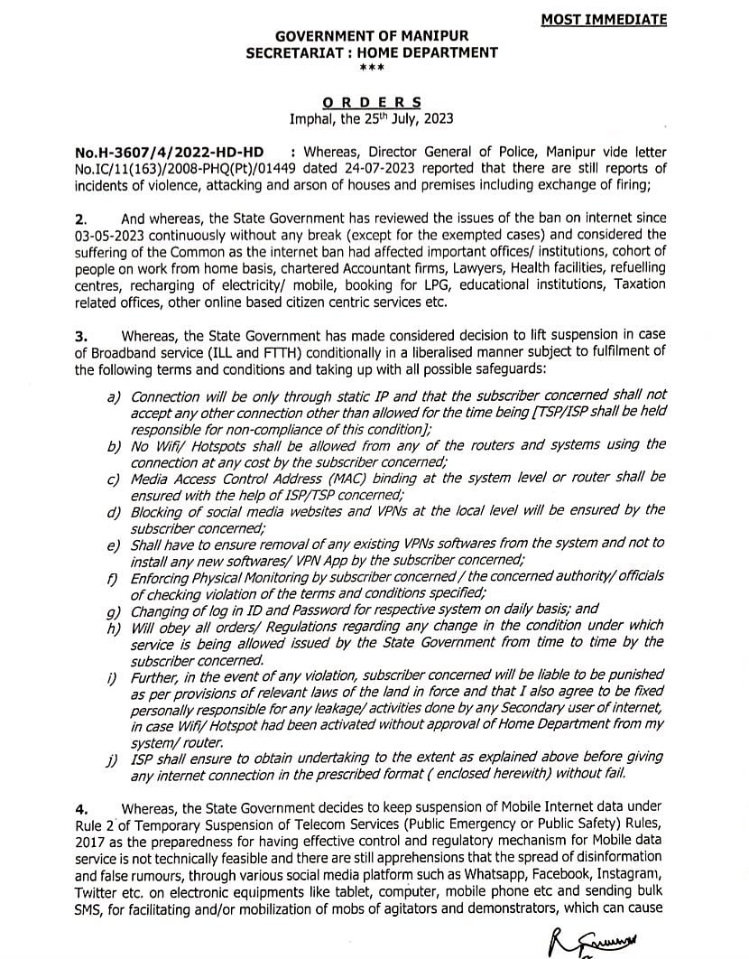 Restoration of Internet order in Manipur