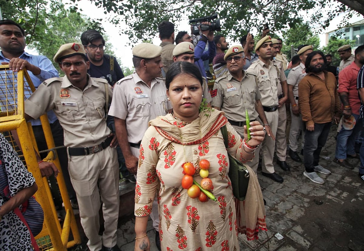 Protesting against rising inflation across the country in a symbolic manner, Indian Youth Congress members wore tomato and chilli garlands by way of 'jewellery' (photo: Vipin/National Herald)