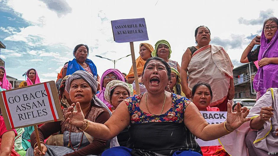 A protest demonstration by Meitei women calling for the Assam Rifles (of the Indian Army) to "go back" from Manipur and equating them with "Kuki rifles" (photo: DW)