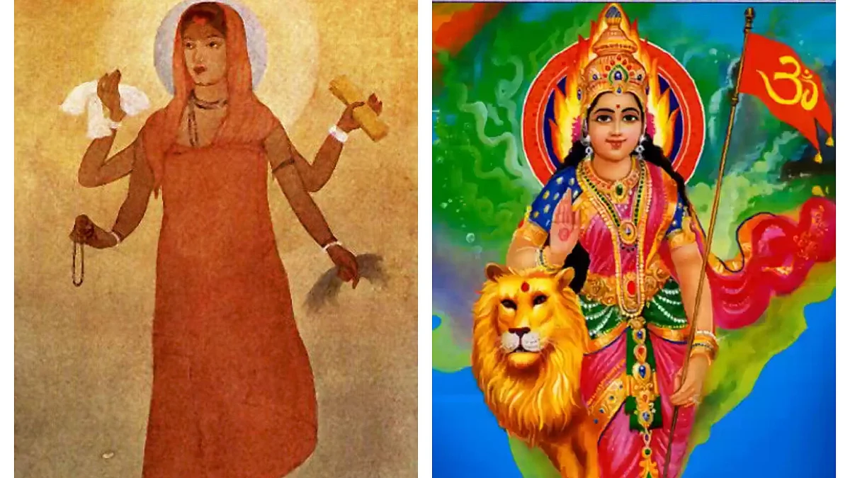 (Left) The first portrait of Bharat Mata painted by Abanindranath Tagore; (right) a later adaptation of Bharat Mata