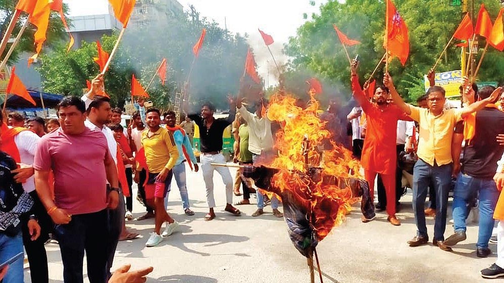 Bajrang Dal and VHP activists stage a threatening demonstration in Ghaziabad after communal violence in Haryana’s Nuh, 2 August 2023 (Photo: Getty Images)