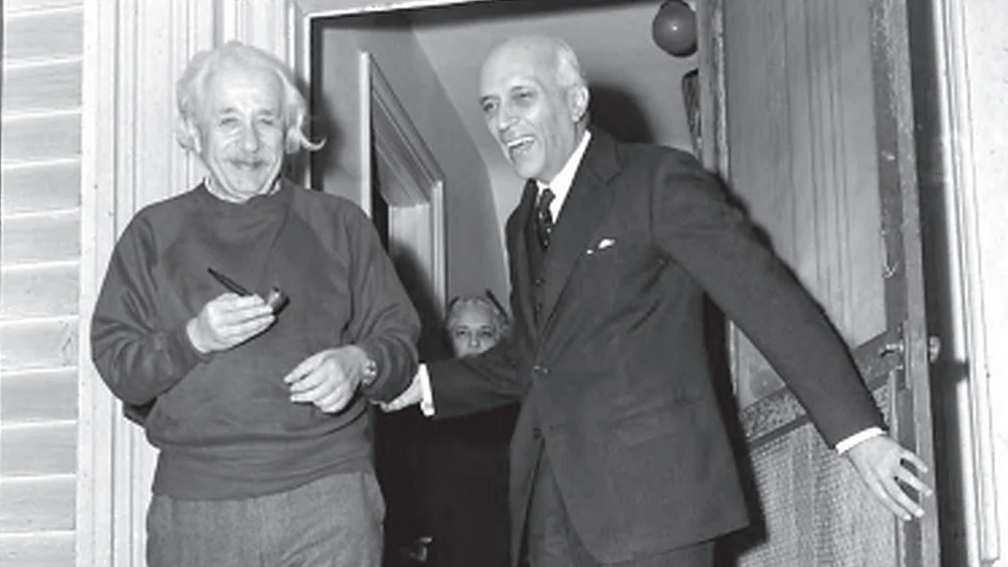 Jawarhalal Nehru (right) with Albert Einstein at his home in Princeton, New Jersey, in November 1949. In the background, within the doorway, is Nehru's sister, freedom fighter Vijaya Lakshmi Pandit (photo: National Herald archives)