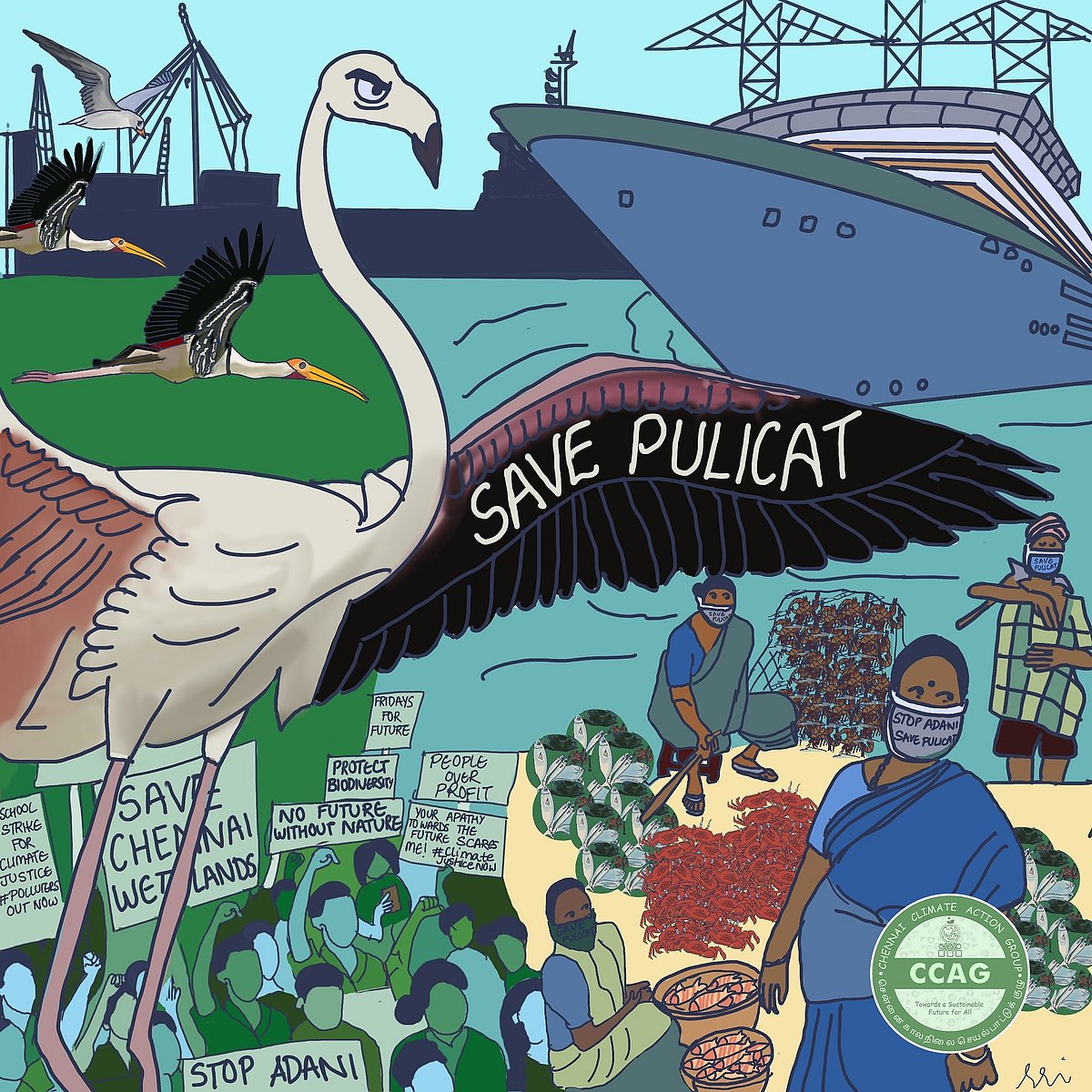 Chennai Climate Action Group (CCAG) has created an illustration of the movement of 'Save Pulicat' depicting the plight of the fisherfolks in the area (photo courtesy: Twitter/@thepeoplesdesk)