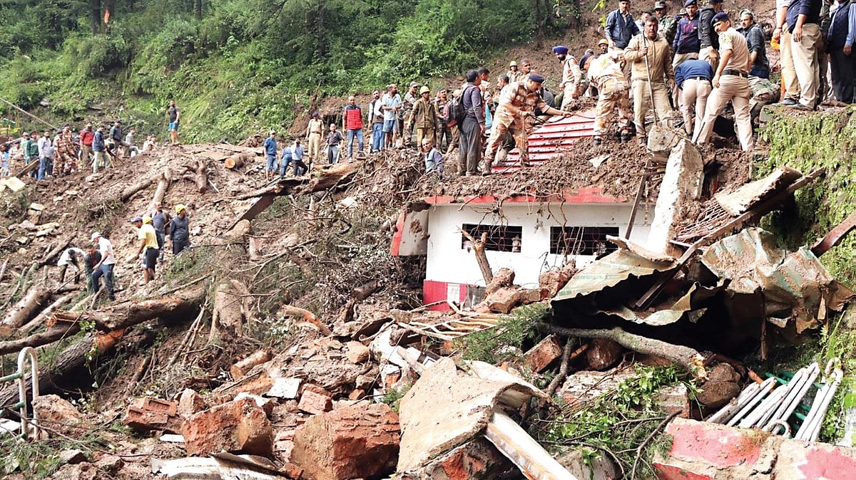 A massive landslide resulted in the collapse of a temple near Summer Hill in Shimla and the loss of at least nine human lives, 14 August (Photo: IANS)