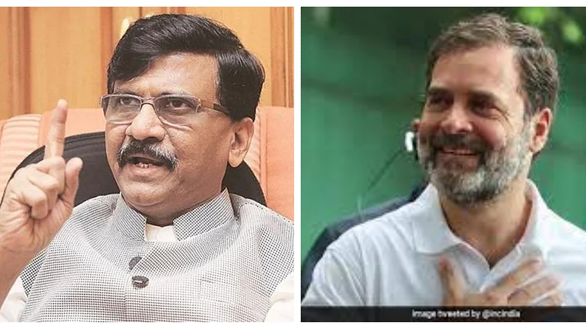 Shiv Sena (UBT) leader Sanjay Raut and (right) Rahul Gandhi