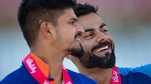 Shreyas Iyer (left) and Virat Kohli share a laugh (photo: Visionhaus/Getty Images)