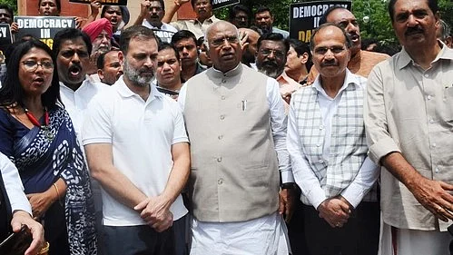 INDIA parties protesting against Adhir Ranjan Chowdhury's suspension from Lok Sabha (Photo: IANS)