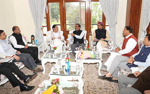Chief Minister Sukhvinder Singh with BJP chief J.P. Nadda and Union minister Anurag Thakur at a meeting in Shimla