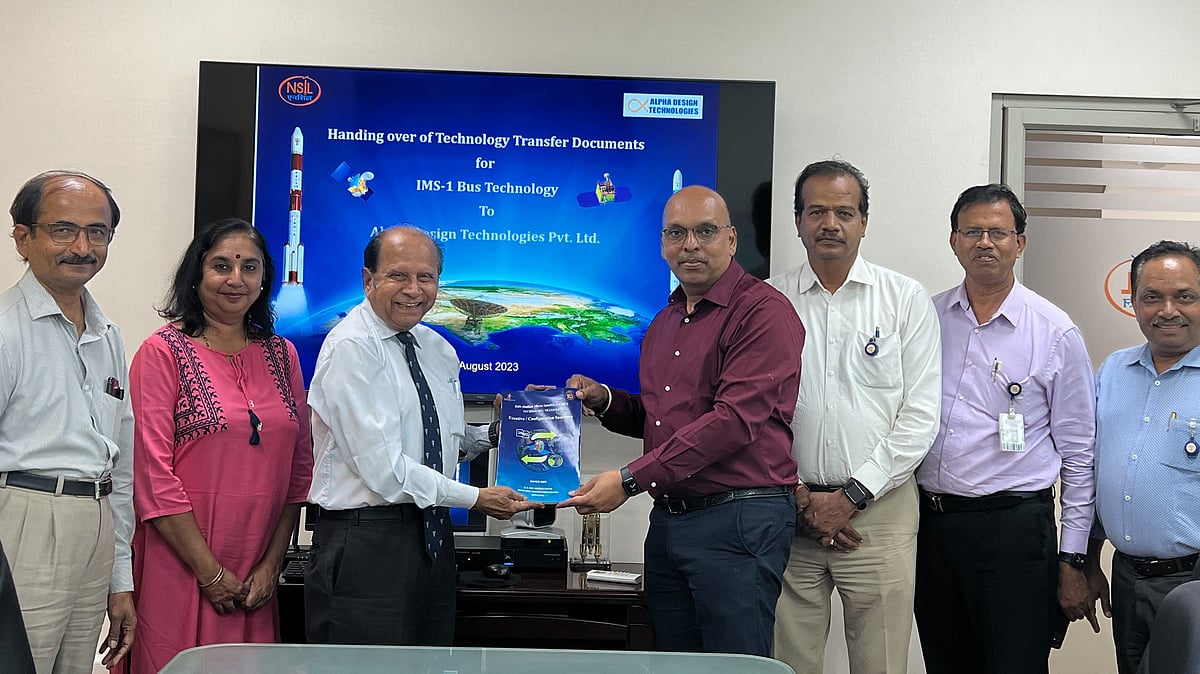 The technology transfer documents being handed over by D Radhakrishnan, chairman and managing director of NSIL to Col. H. S. Shankar (Retd.) VSM, chairman and managing director of ADTL. (Photo courtesy: ISRO)
