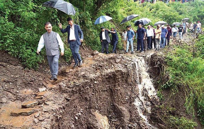 Himachal Pradesh chief minister Sukhvinder Singh Sukhu visits Jadon village in Solan district
where at least seven people were killed in a cloudburst on 14 August. (Photo: IANS)