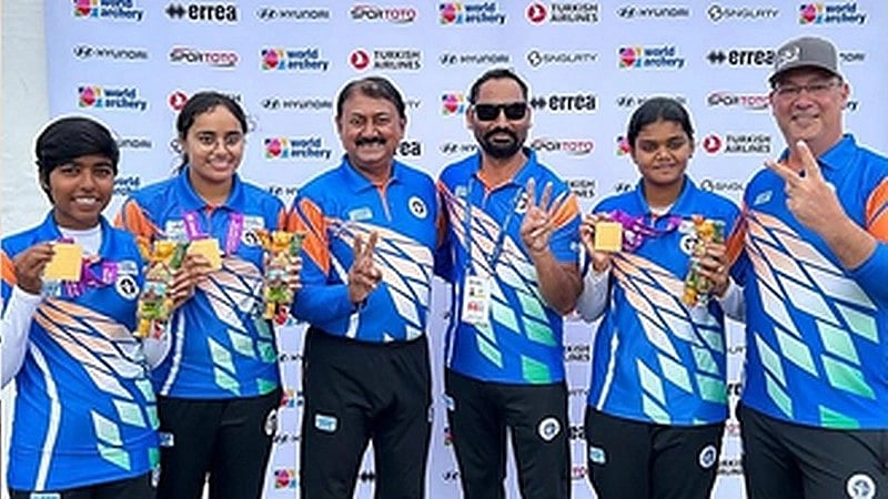 Indian women's compound team of Jyothi Surekha Vennam, Parneet Kaur and Aditi Gopichand Swami (Photo: IANS)