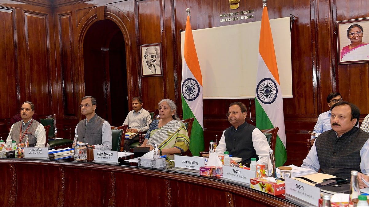 File photo of Union Finance Minister
Nirmala Sitharaman
and others at the 51st meeting of the GST Council, via video conferencing, in New Delhi recently. (Photo Courtesy: Finance Ministry)
