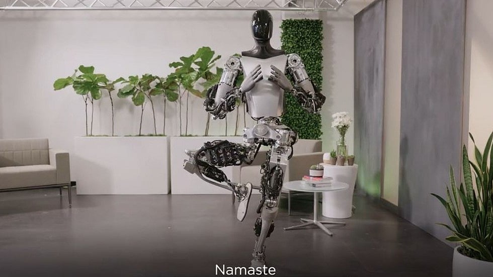 Tesla's humanoid robot Optimus showcases Yoga, self-calibration and task learning in new video.(screen grab from @elonmusk/X)